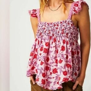 Free People Nala Printed Babydoll Top Pink Medium